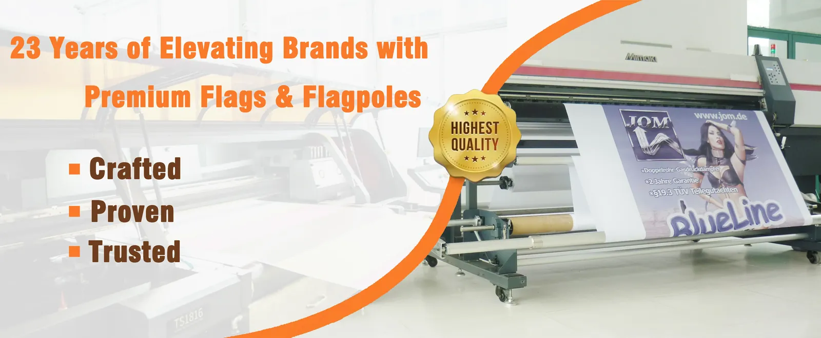 Large-format digital printer producing a custom printed banner in the Wolflag factory