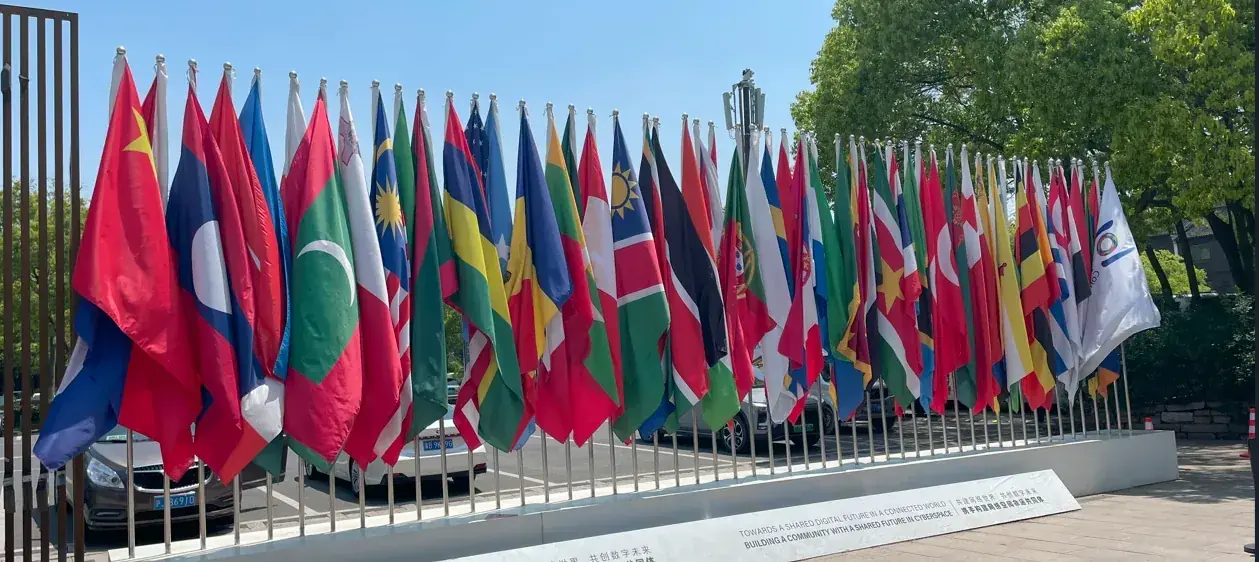 Row of custom national flags on flagpoles at an outdoor flag display