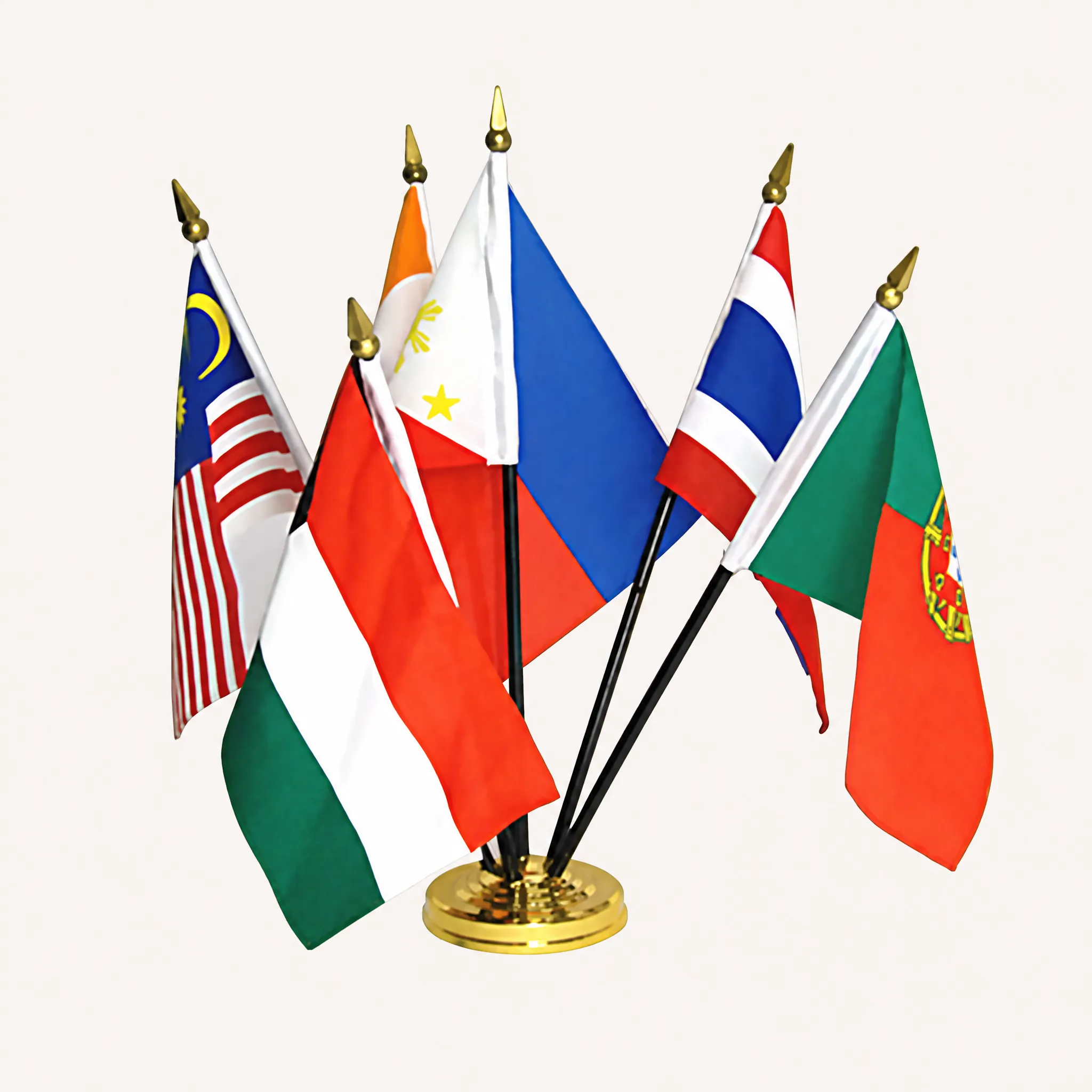 Custom printed table flags and desk flags with gold and stainless steel bases for conference tables and offices