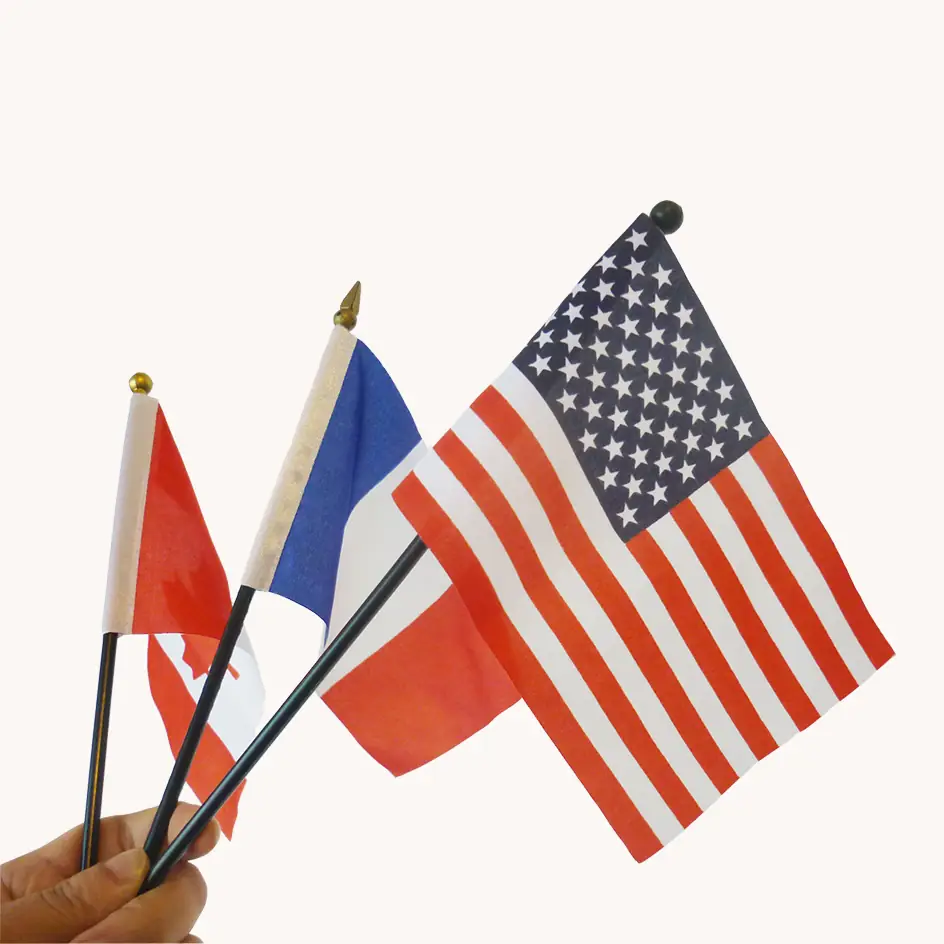 Wolflag custom hand held stick flags with plastic poles and finials featuring printed country flags for parades, sports events, and national celebrations