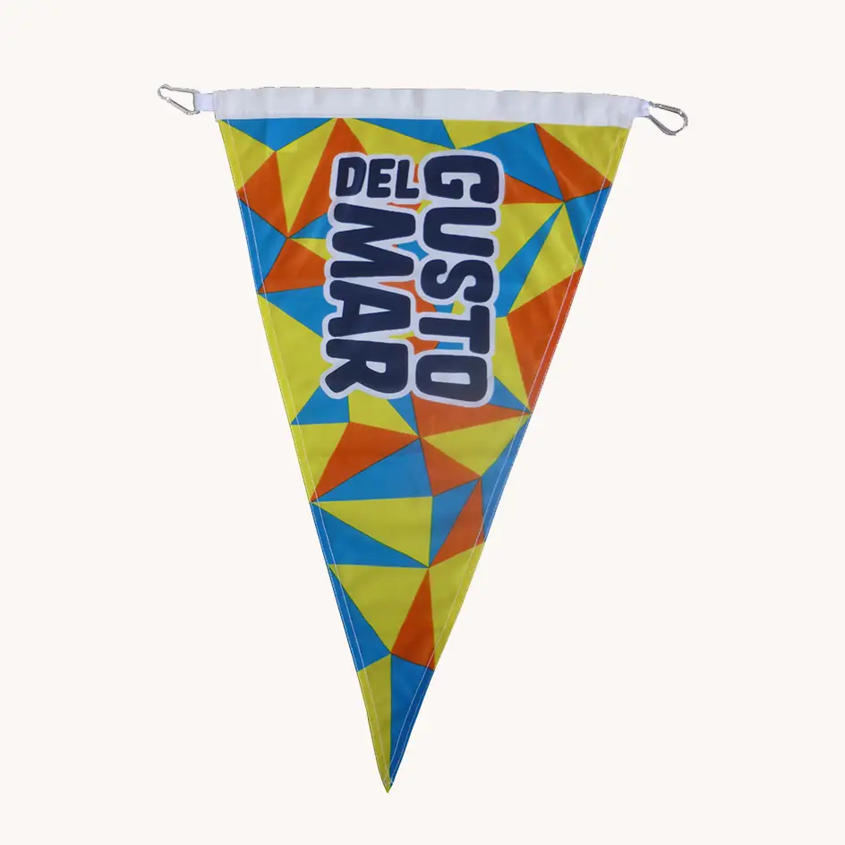 Custom full-color printed triangle pennant flag with reinforced header and hanging clips, wholesale direct from Wolflag factory.