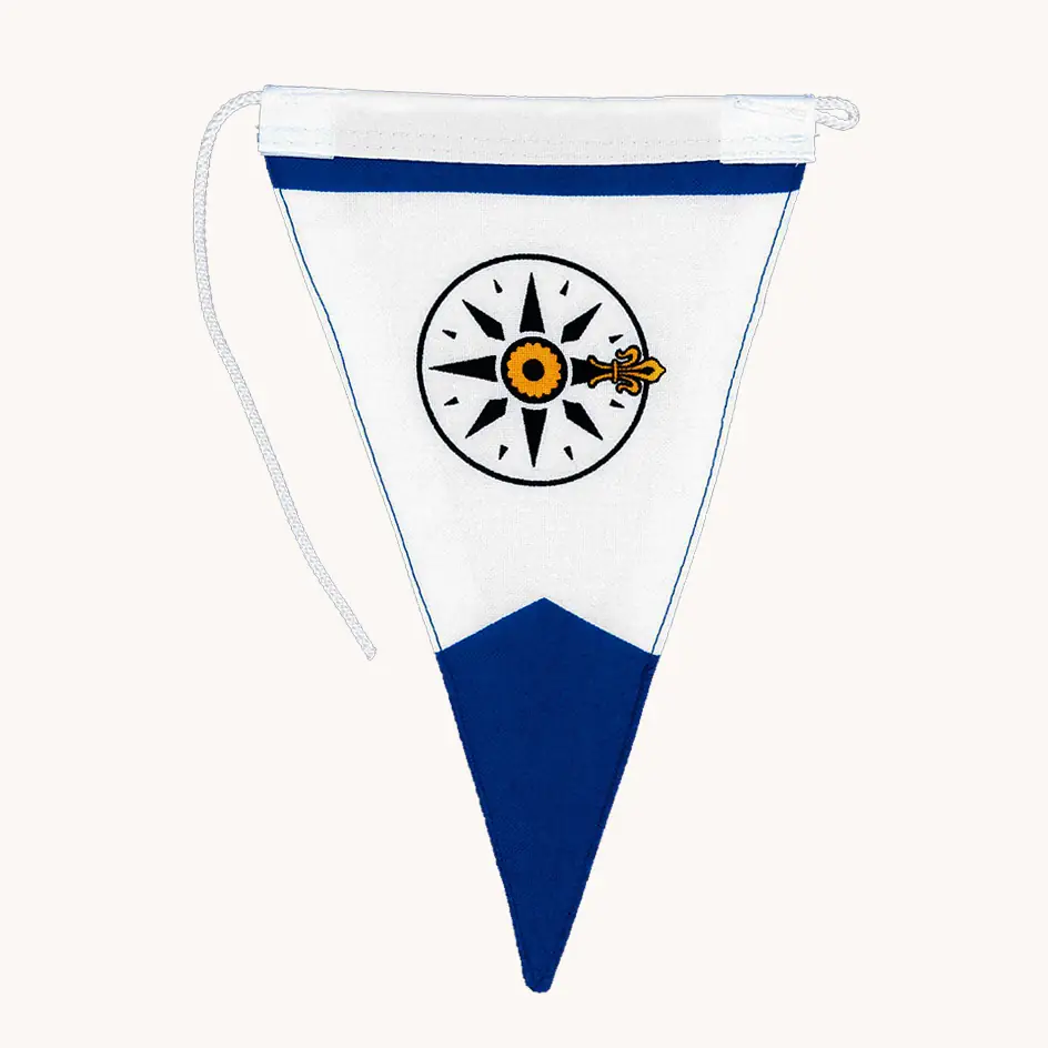 Custom full-color printed triangle pennant flag with reinforced header and hanging clips, wholesale direct from Wolflag factory.