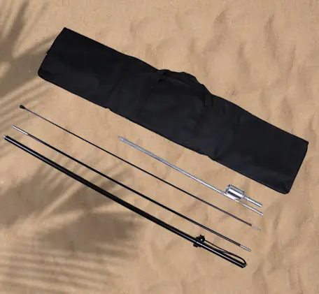 WOLFLAG commercial-grade feather flag pole kit with ground spike and portable carry bag.