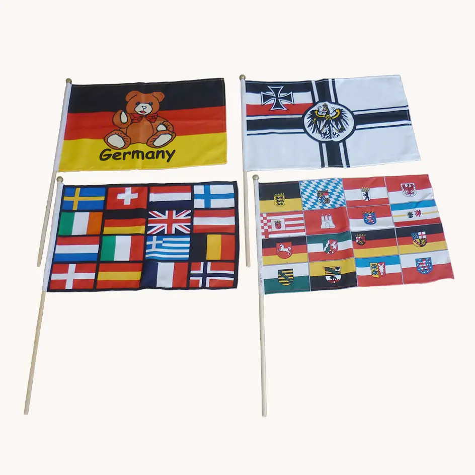 Wolflag custom hand held stick flags with plastic poles and finials featuring printed country flags for parades, sports events, and national celebrations