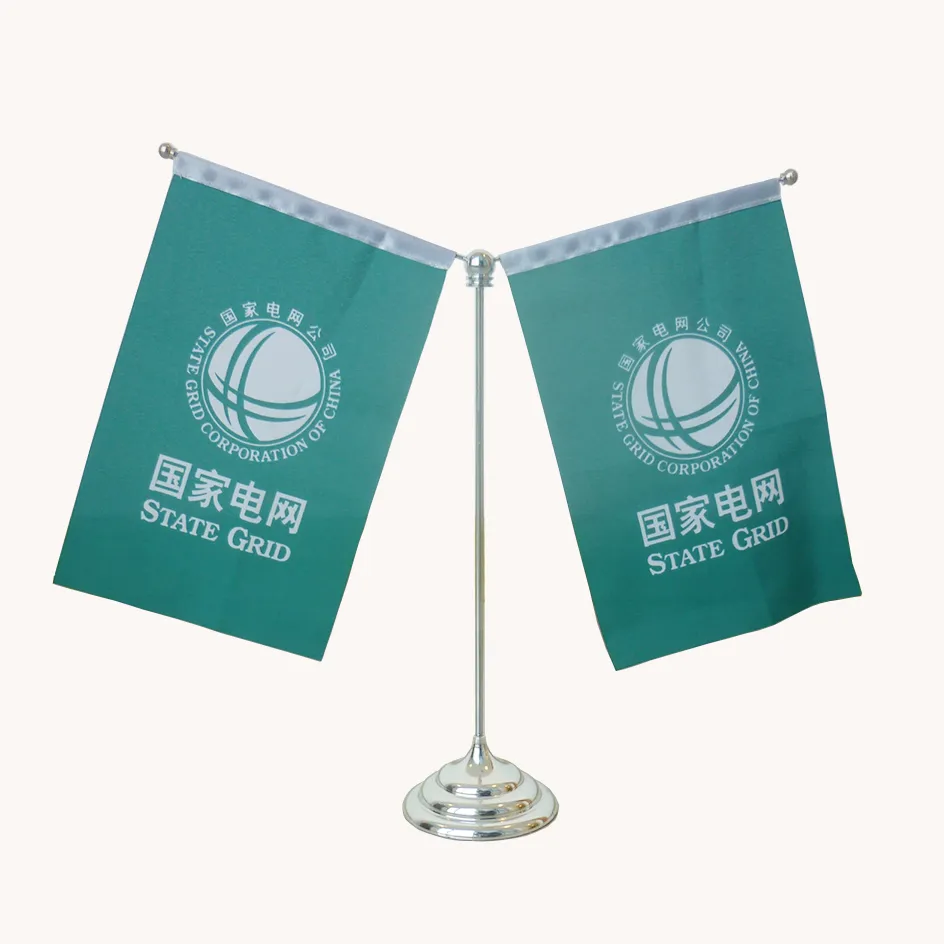 Custom printed table flags and desk flags with gold and stainless steel bases for conference tables and offices