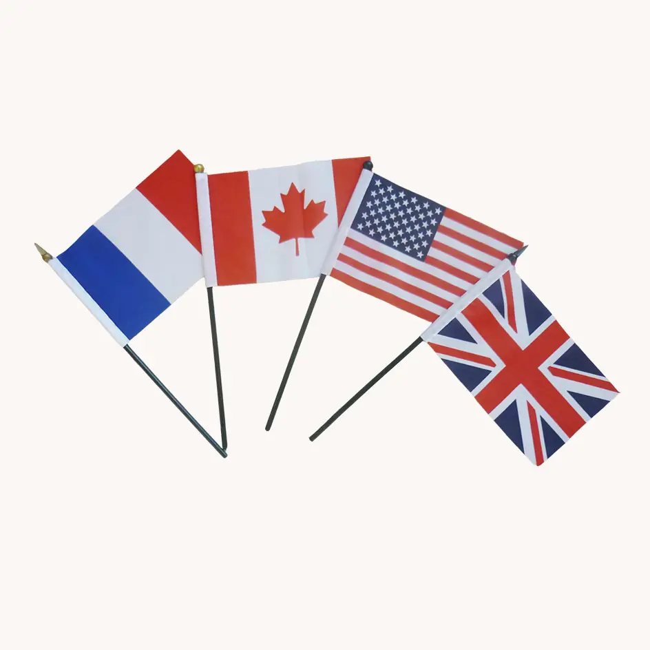 Wolflag custom hand held stick flags with plastic poles and finials featuring printed country flags for parades, sports events, and national celebrations